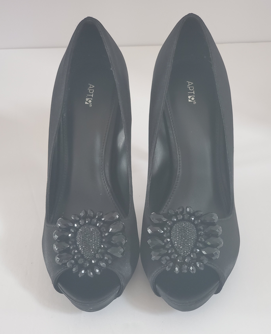 New - Excellent Condition   Black Satin Heels  Size 8.5  Approx 4.5” Heel  Open Toe  Accented with Beads at Toe of Shoe