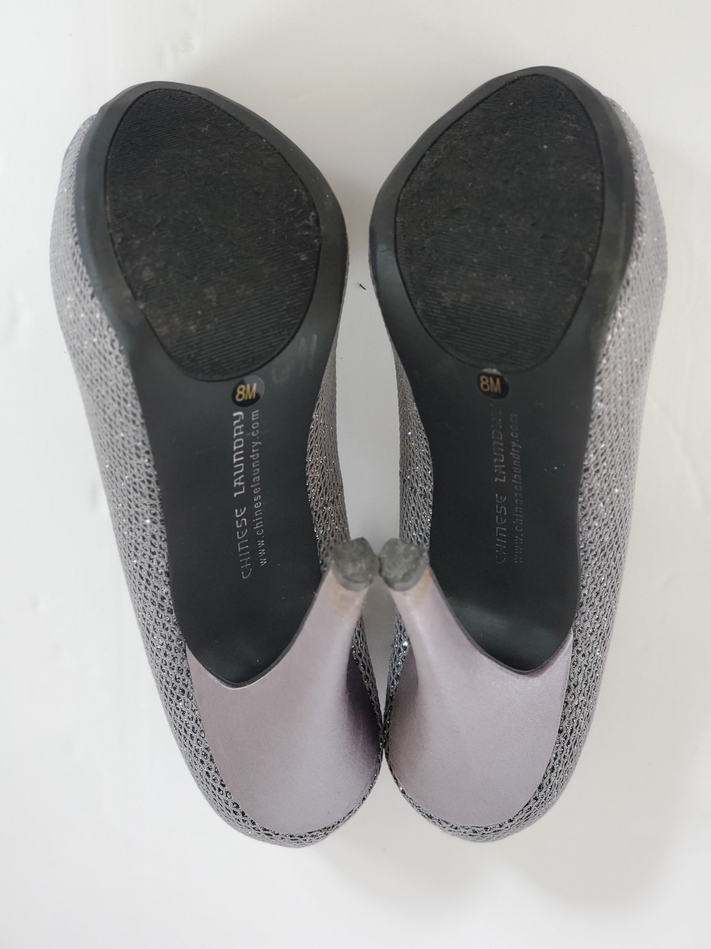 New - Excellent Condition   Size 8M  Grey Sparkle Upper  Satin 5” Heels  Leather Soles  Open Toe