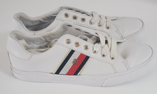 White with Red/White/Blue Stripe Accents  TH Initials on Side of Sneaker  Low Top - Lace up  Very Clean Pre-Owned Sneakers