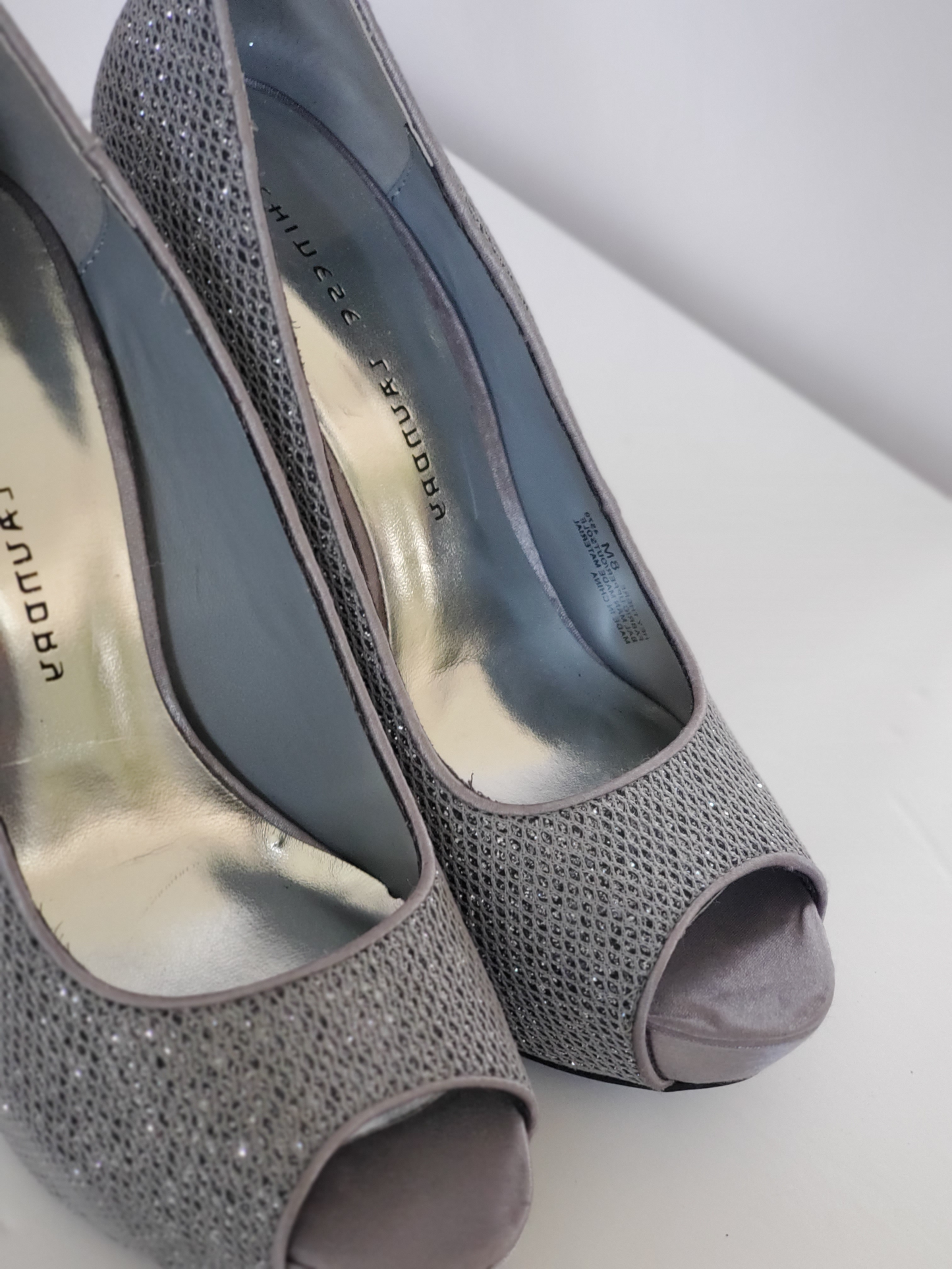 New - Excellent Condition   Size 8M  Grey Sparkle Upper  Satin 5” Heels  Leather Soles  Open Toe